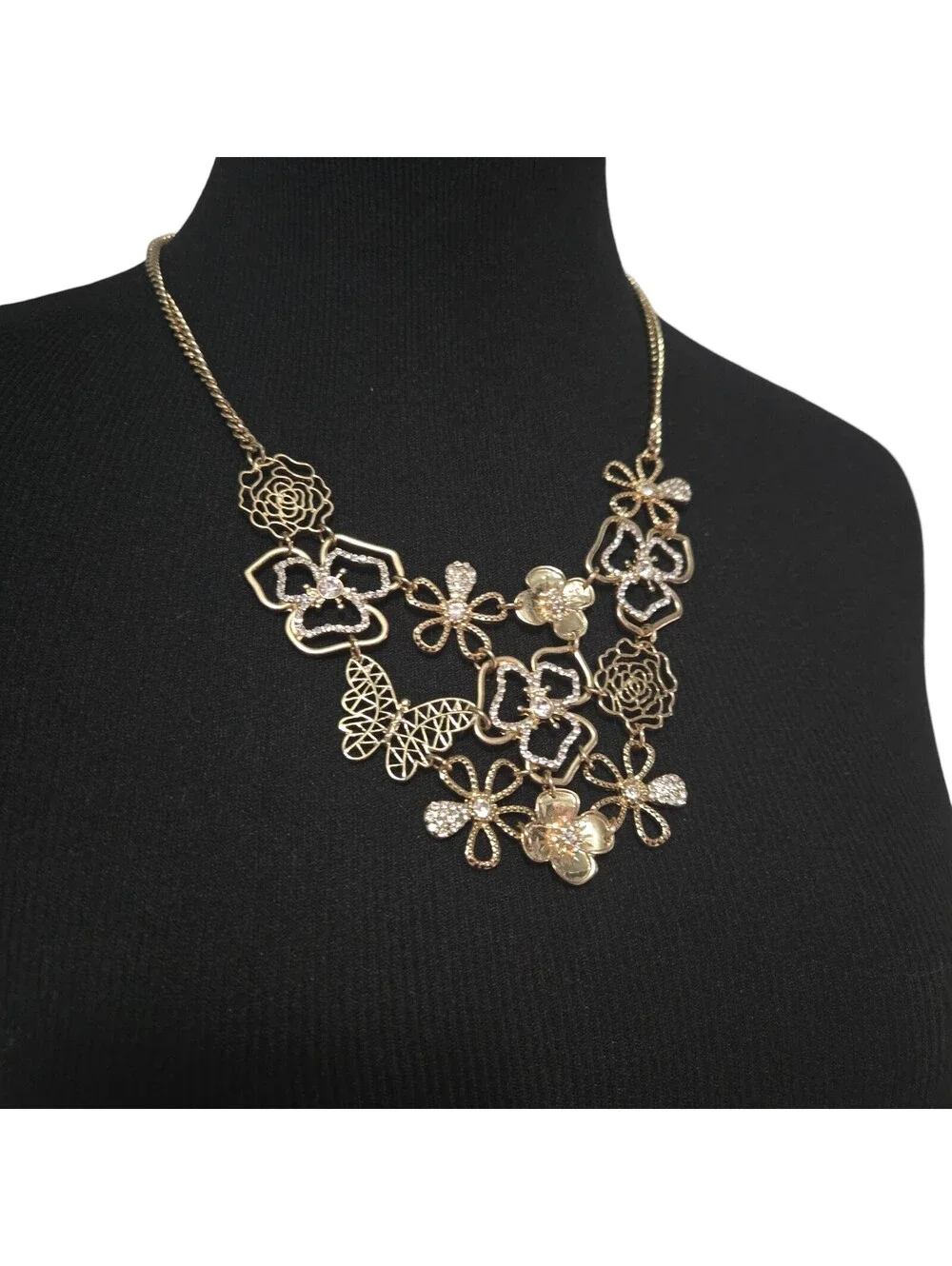Gold Tone Floral Statement Necklace Crystal Rhinestone Flowers & Butterfly EUC